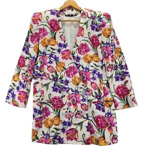 Constance Saunders for Richard Warren 100 Silk White Floral Blazer 3/4 Sleeve 12